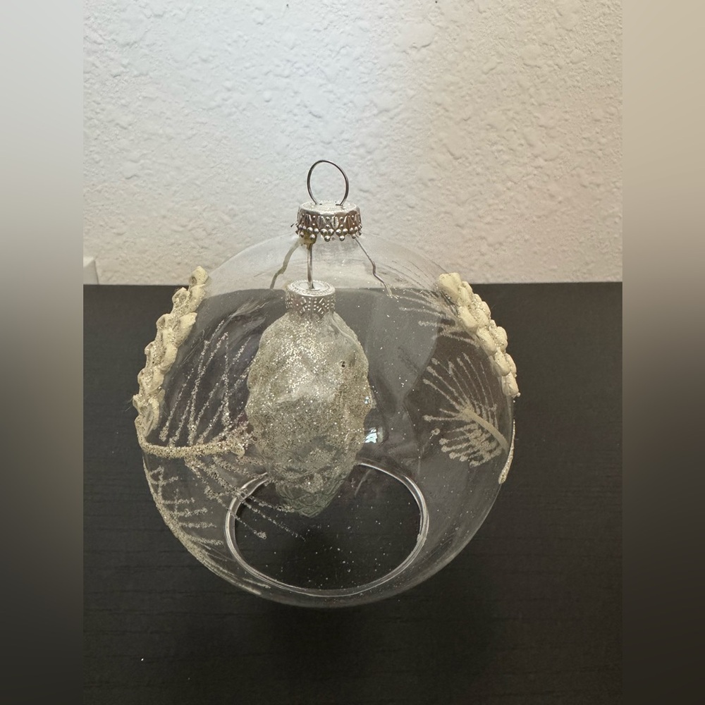 Christmas Ball Ornament cream/glitter pinecone and branches design.